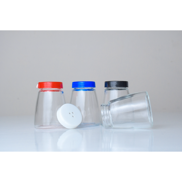 BA Glass Condiment Shaker B/R/W+Pl Lid (6.5x6.5x8.7)